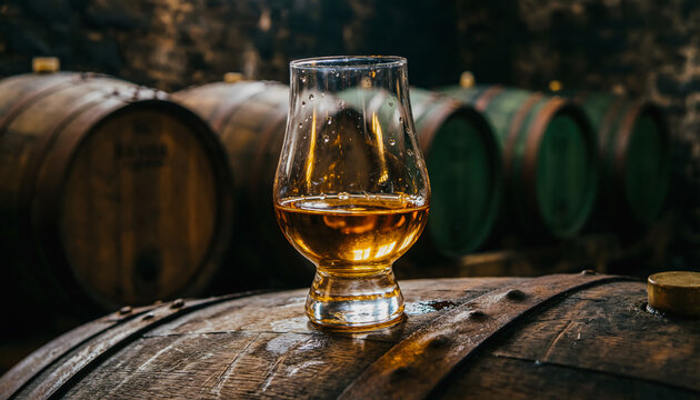 A tulip-shaped whisky tasting glass containing amber-colored whisky, placed on an oak barrel, with the faint outline of whisky barrels in the background.