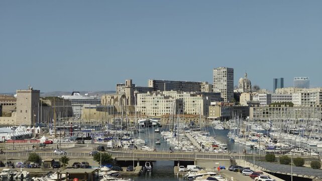 Scenic view of the famous Old Port of Marseille with its boats and historical buildings