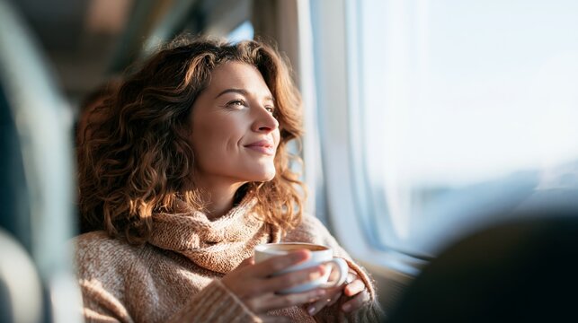 a window, gazing out at the horizon. She holds a white mug filled with a dark liquid, likely coffee or tea. She wears a textured, beige sweater and a matching scarf. The background is out of focus.