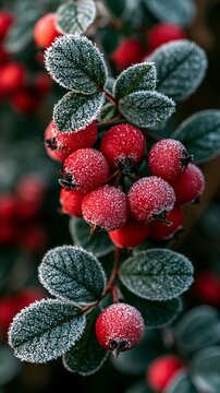 a cluster of red berries covered in frost. The berries are clustered together, with some overlapping each other. The frost covers the leaves, giving them a frosty appearance.