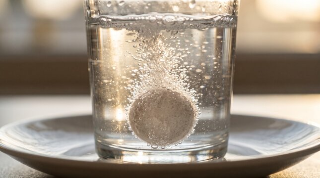 Effervescent tablet dissolving in a clear glass of water, creating many bubbles and fizz, on a white plate with natural light.