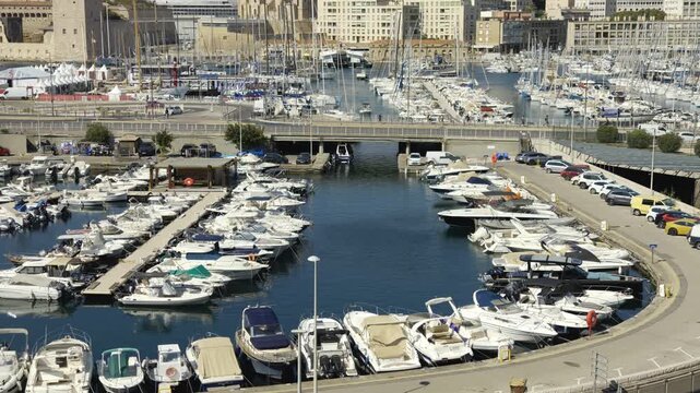 Aerial view of the Old Port of Marseille with many yachts and boats moored in the marina