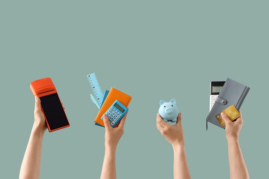 Personal finance and budget management hands holding payment terminal calculator piggy bank and credit card for financial planning and savings