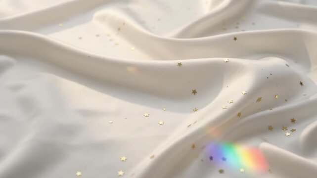 Luxury White Satin Fabric Waves with Golden Glitter Particles and Rainbow Prism Flare Abstract 3D Motion Background Loop