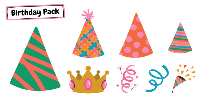 colorful birthday patry hats and crown illustration