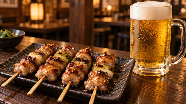 日本の居酒屋で提供されるタレ焼きのねぎま焼き鳥と冷たい生ビール