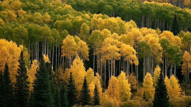 a dense forest of aspen trees in autumn. The trees are densely packed together, their leaves displaying a gradient of yellow and green hues, indicating the transition from bright yellow to deep green.