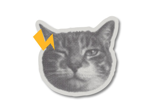 Halftone pop art cat head graphic with orange lightning bolt as an isolated sticker template on a transparent background