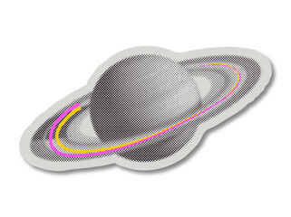 Planet Saturn sticker in halftone pop art style with yellow and pink rings, isolated on a transparent background © creatfive