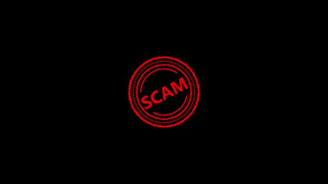 Red scam stamp animation on black background with glitch effect flickering warning signal digital fraud alert graphic cinematic footage motion design concept for web security.