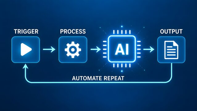 Digital automation workflow diagram showing trigger process artificial intelligence and output loop for business efficiency