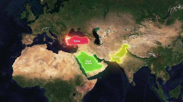 Saudi Arabia Turkey Pakistan Flags on Pole Animation International Relations