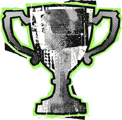 Grunge trophy cup vector illustration, distressed winner award with halftone textures, urban punk style sports championship prize in neon green and black © Dr Nadeem