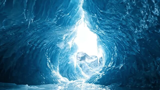 Deep blue ice cave interior with bright light at the end