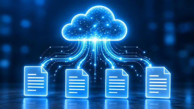 Cloud computing technology concept showing a glowing digital cloud syncing data streams to electronic document icons for secure remote file storage