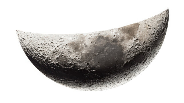 Moon crescent isolated on transparent background showing detailed crater topography and lunar surface texture.