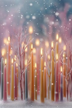 A whimsical wide shot of a miniature magical forest made entirely of lit birthday candles of different colors