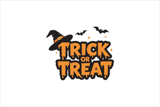 Trick or Treat typography with witch hat, flying bats, and stars in flat 2D style. Vector illustration for Halloween greeting card.