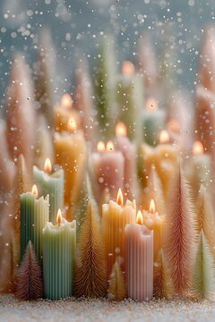 A whimsical wide shot of a miniature magical forest made entirely of lit birthday candles of different colors