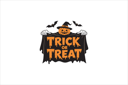 Trick or Treat typography with pumpkin character holding black banner and flying bats in flat 2D style. Vector illustration.