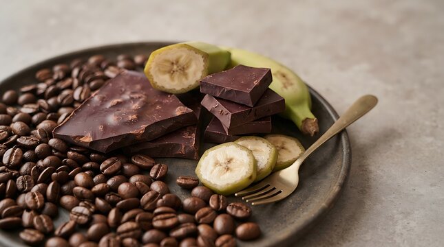 Coffee, Chocolate, and Banana Medley: A delectable arrangement featuring rich coffee beans, dark chocolate chunks, and fresh banana slices, artfully presented on a rustic plate.