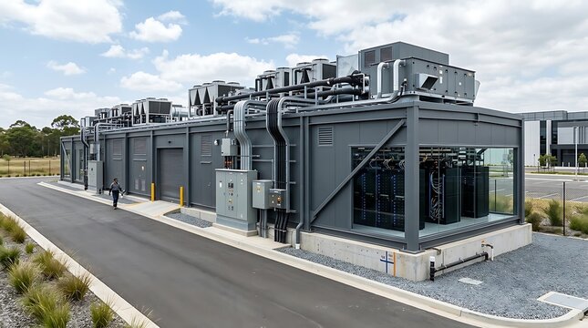 Exterior view of a modular containerized data center unit fitted with rooftop chiller air conditioning systems and visible server racks set along an asphalt driveway outside.