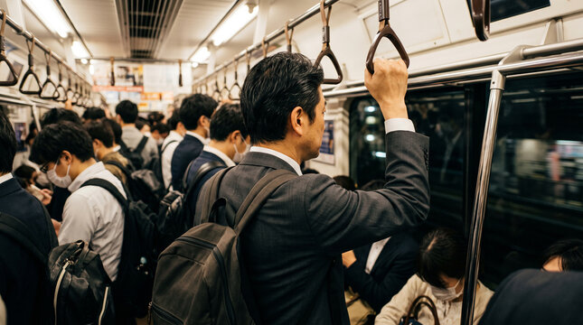 満員電車で吊り革に掴まる日本のビジネスマンの後ろ姿、通勤ラッシュ