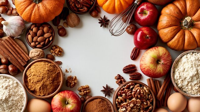 a flat lay on a white background. The main subject is a collection of pumpkins, apples, nuts, cinnamon sticks, flour, and spices. The pumpkins are orange, the apples are red.