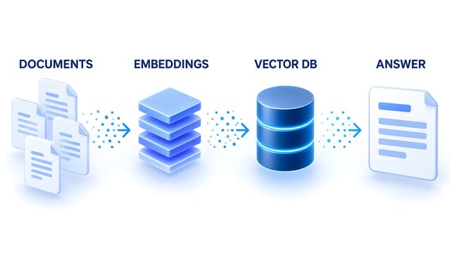 Isometric diagram illustrating artificial intelligence vector database architecture converting documents into embeddings to generate answers