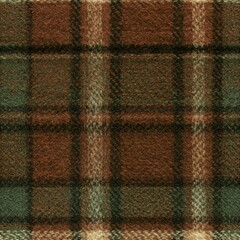 Fototapeta premium a textured fabric with a plaid pattern. The pattern consists of alternating brown, green, and beige colors, creating a gridlike design. The fabric appears to be made of wool or a similar material.