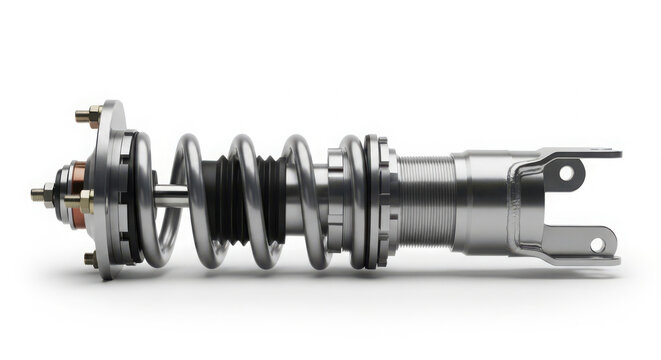 High performance automotive coilover suspension shock absorber isolated on white background showing metallic texture and precision engineering for racing vehicle upgrades
