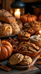 Fototapeta premium a variety of baked goods and treats. The main subject is a plate of freshly baked cookies with raisins and nuts, placed on a wooden surface. To the left.