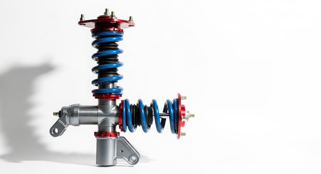 Performance automotive coilover suspension system featuring blue metallic springs and vibrant red anodized mounting plates isolated on white studio background