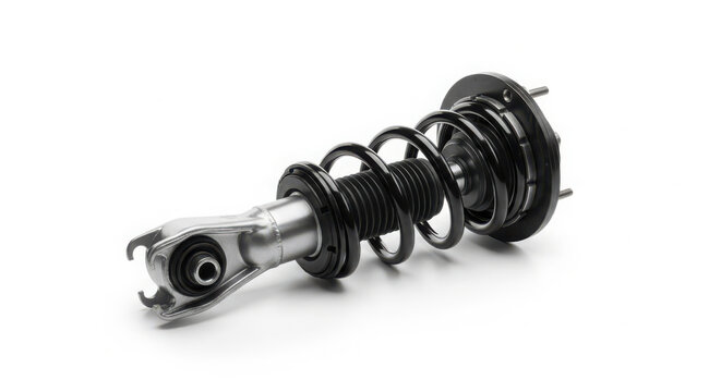 Automotive suspension shock absorber assembly featuring black coil springs and silver metal components isolated against a clean plain white background
