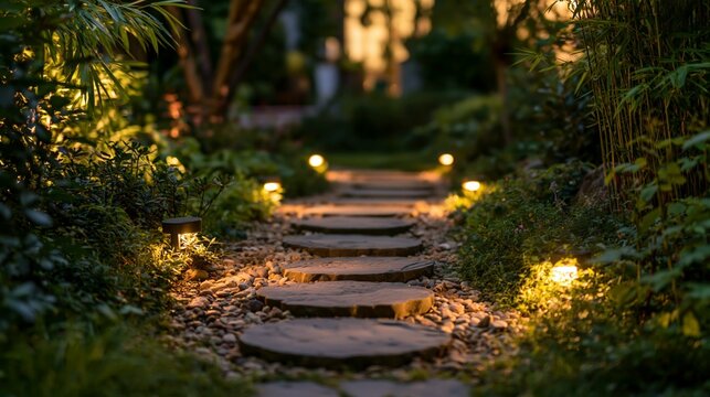 a serene garden pathway illuminated by warm, golden light. The pathway is made of stepping stones, each with a unique pattern, and is bordered by lush greenery.