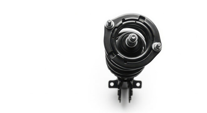 Car shock absorber assembly isolated on white background shows mechanical component for automotive suspension system repair and vehicle maintenance services