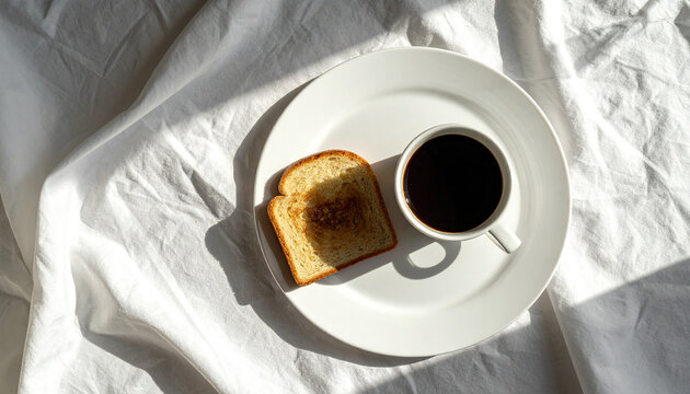 Minimalist Top View Breakfast Concept with Coffee Cup and Toast Served Together on Single White Ceramic Plate