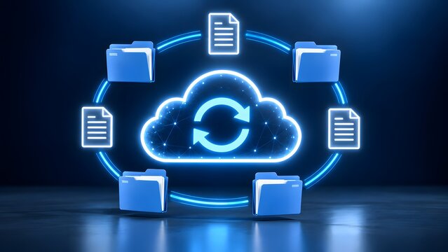 Cloud computing synchronization loop displaying digital folders and documents rotating around a central network hub for continuous data backup