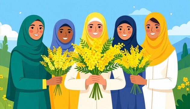 International Women&rsquo;s Day Muslim Women Wearing Hijabs and Holding Mimosa Flowers