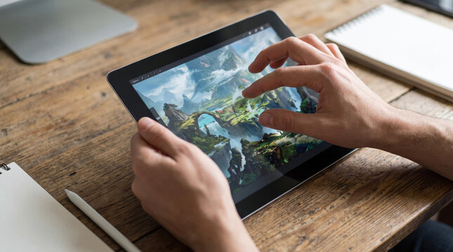 Digital artist drawing a fantasy landscape on a tablet device with a touchscreen interface on a rustic wooden desk workspace in a studio setting