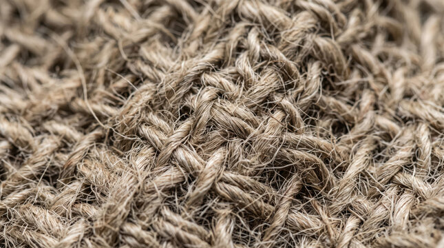 Macro close-up shot of rough natural burlap fabric texture background, rustic jute sackcloth weave pattern for organic design and sustainable packaging concepts