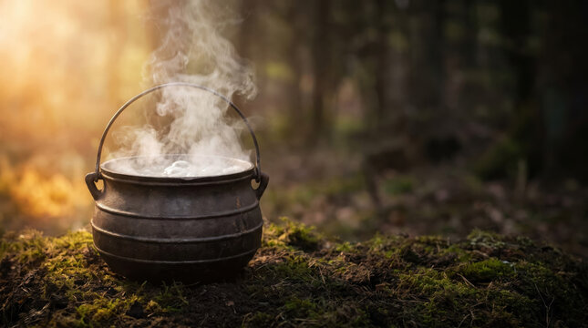 Steaming cauldron boiling potion in enchanted forest mystical alchemy setup for fantasy concept art and magical storytelling