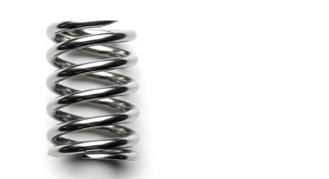 Industrial steel coil spring isolated on pure white background featuring metallic texture and cylindrical shape with soft natural studio lighting