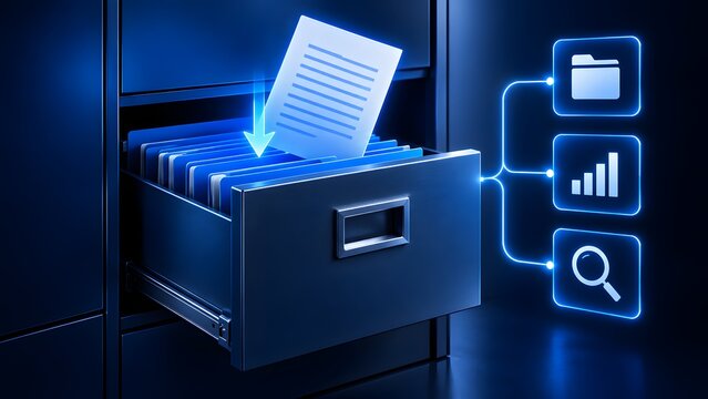 Digital transformation of physical archives with glowing search and analytics interface elements