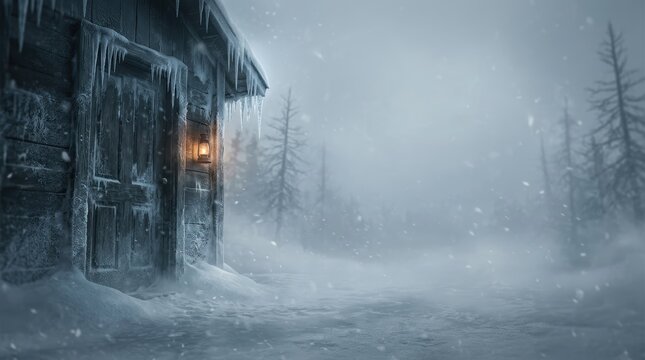 Mysterious Frozen Cabin Door with Lantern in Winter Blizzard Landscape