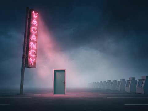 Absurdist Horror Motel Scene with Neon Vacancy Sign and Standalone Door in Dense Fog, Large Copy Space for Commercial Banner Design