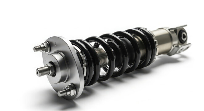 Silver and black coilover suspension shock absorber isolated on white background showing high performance automotive engineering for racing car tuning