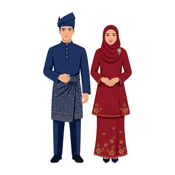 Malay Couple in Traditional Baju Melayu and Baju Kurung Illustration