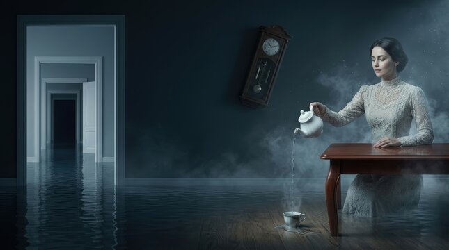 Surreal Victorian ghost woman phased through a table pouring tea in a flooded infinite hallway with large copy space