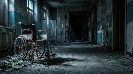 Obraz premium Abandoned Psychiatric Ward Corridor with Rusted Wheelchair and Copy Space